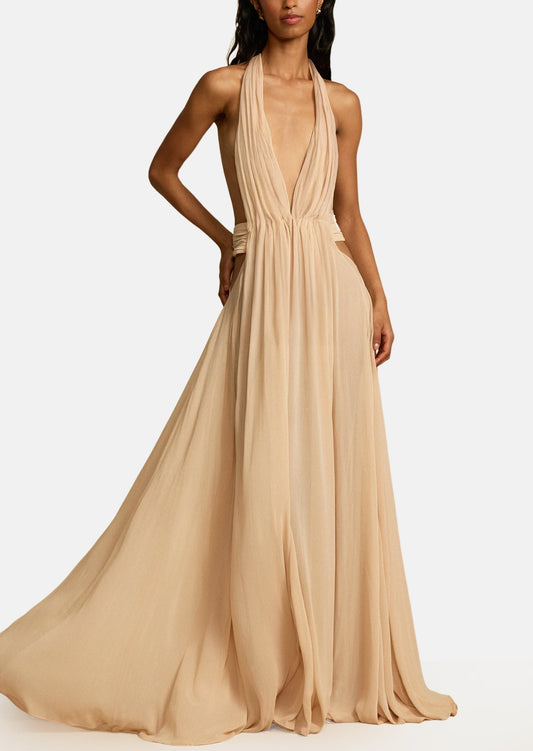Backless Deep V Halter Neck Maxi Dress