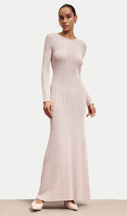 Backless Round Neck Long Sleeved Knit Dress In Pink