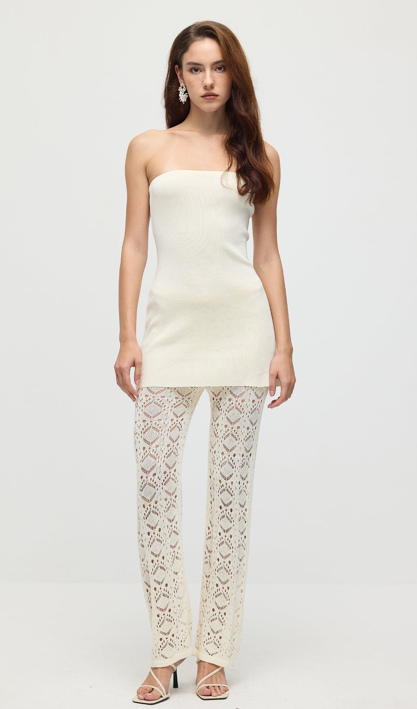 Bandage Knit Top & Crochet Knit Pants In Ivory