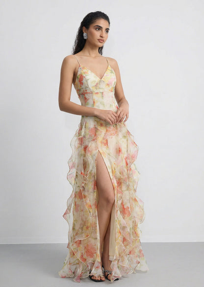 Baroque Flower Split Maxi Dress