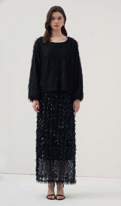 Black Feather Midi Skirt