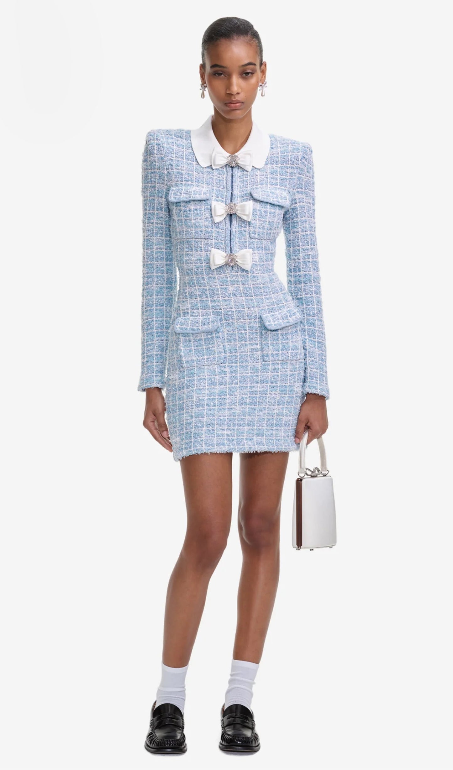 Blue Check Collared Knit Mini Dress