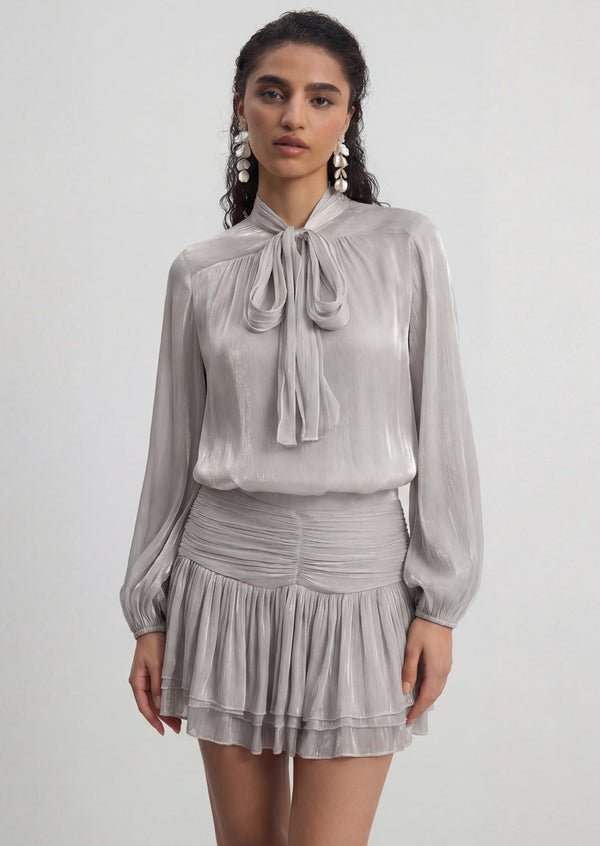 Bow Blouse & Shirred Skirt Set In Silver