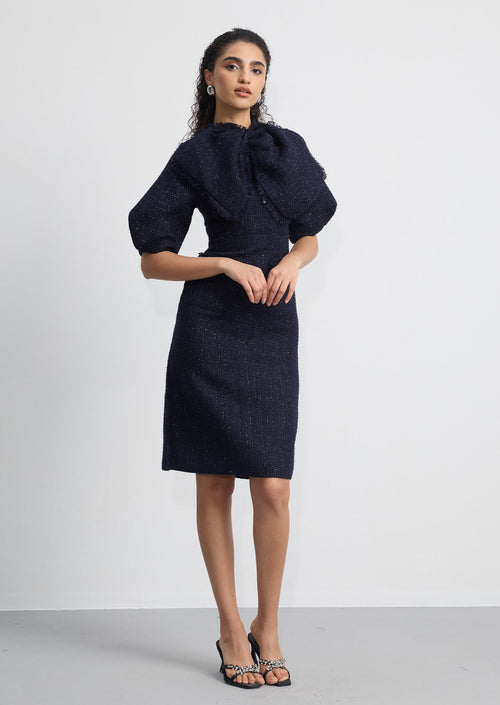 Bow Neck Puff Sleeve Tweed Mini Dress