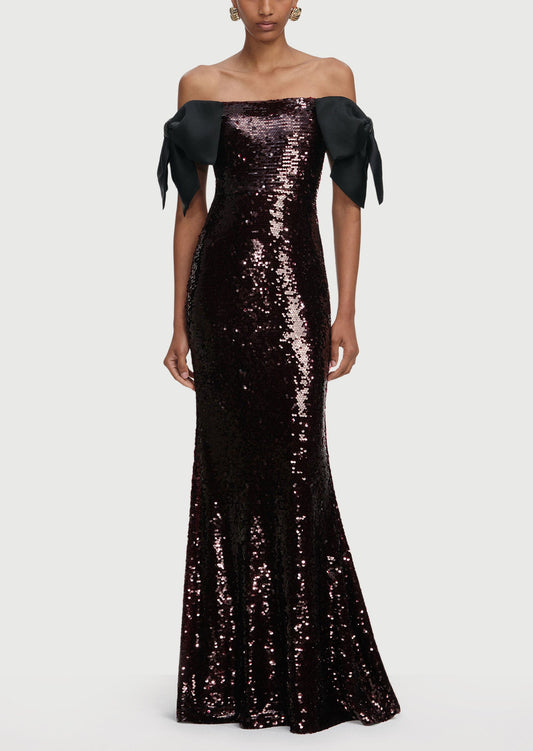 Brown Sequin Bow Maxi Dress