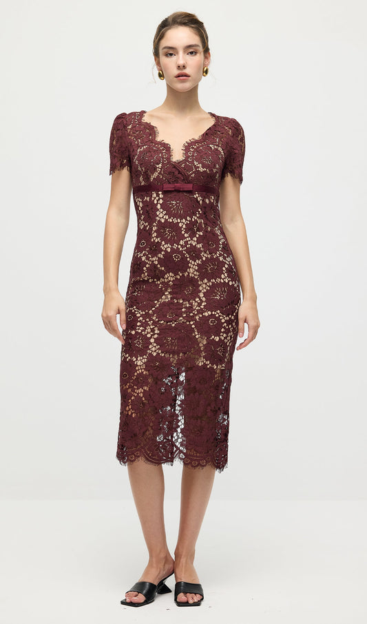 Burgundy Floral Lace Midi Dress