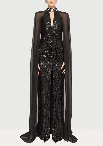 Layali Rose Cape Design Sequin Maxi Dress