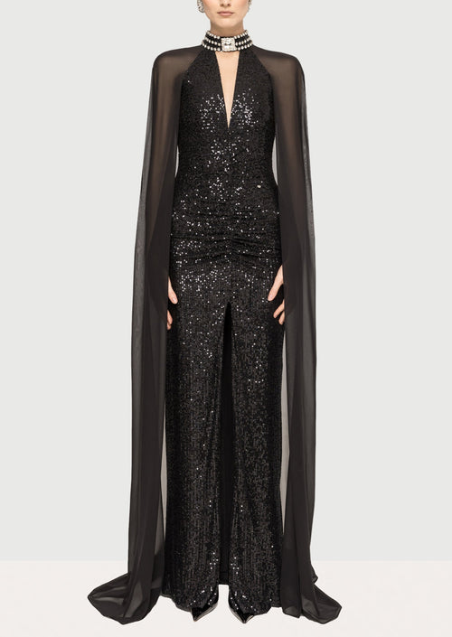 Layali Rose Cape Design Sequin Maxi Dress