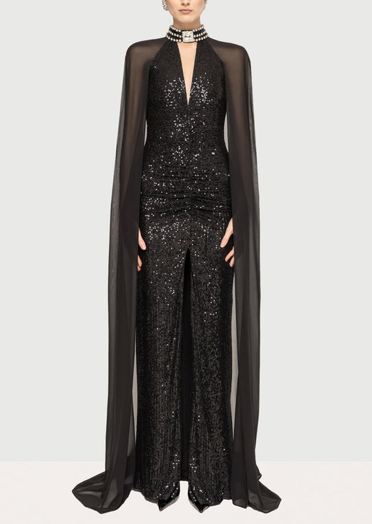 Layali Rose Cape Design Sequin Maxi Dress