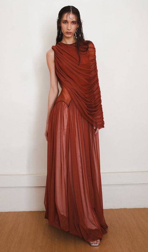 Cascade Draped Tulle-Blend Maxi Dress