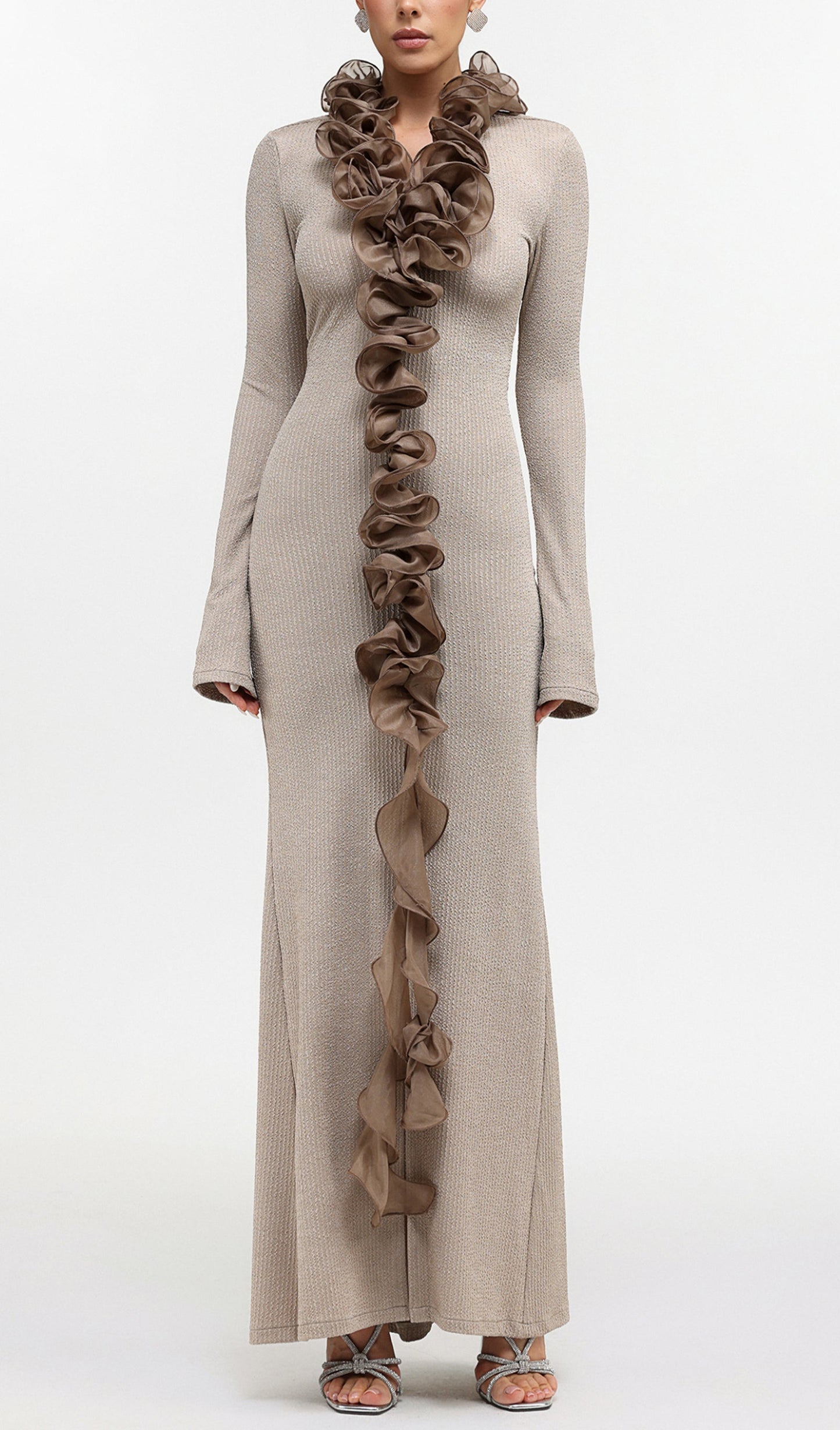 Contour Long Sleeve Ruffle Knit Maxi Dress