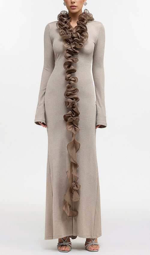 Contour Long Sleeve Ruffle Knit Maxi Dress