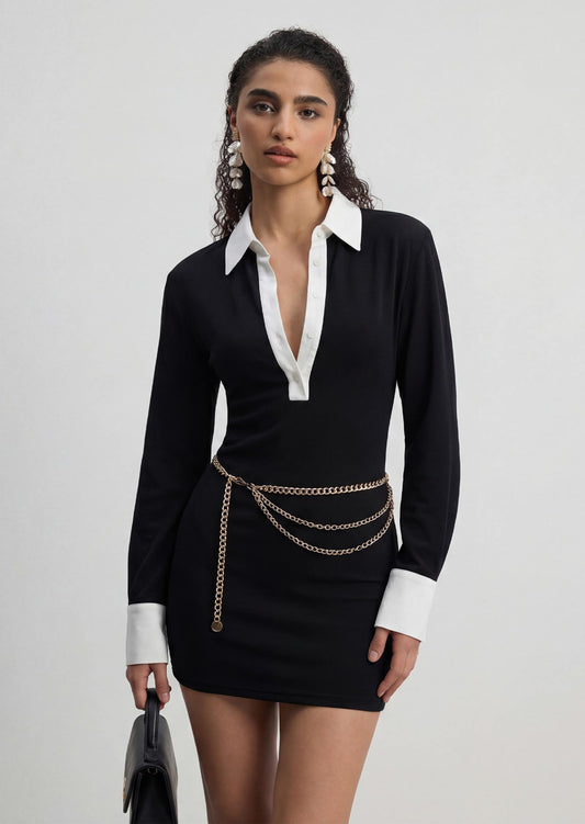 Contrast Collar Button Long Sleeve Mini Dress