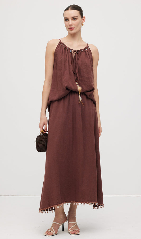 Cotton And Linen Lace Up Midi Skirt Sets