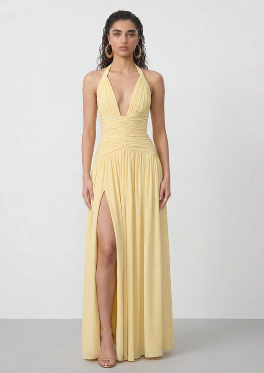 Cyra Halter Maxi Dress In Lemon