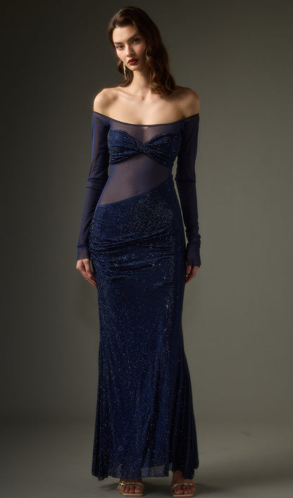 Diamante Off Shoulder Maxi Dress In Navy