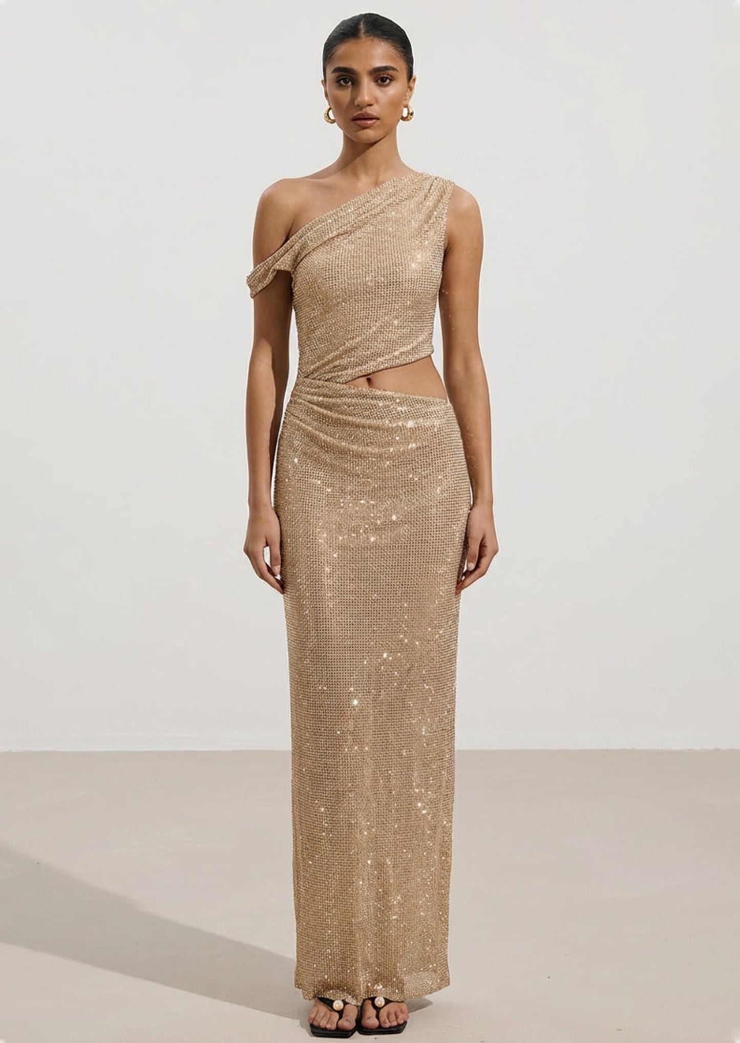 Diamante One Shoulder Maxi Dress In Gold