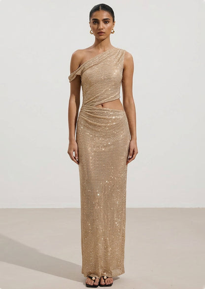 Diamante One Shoulder Maxi Dress In Gold