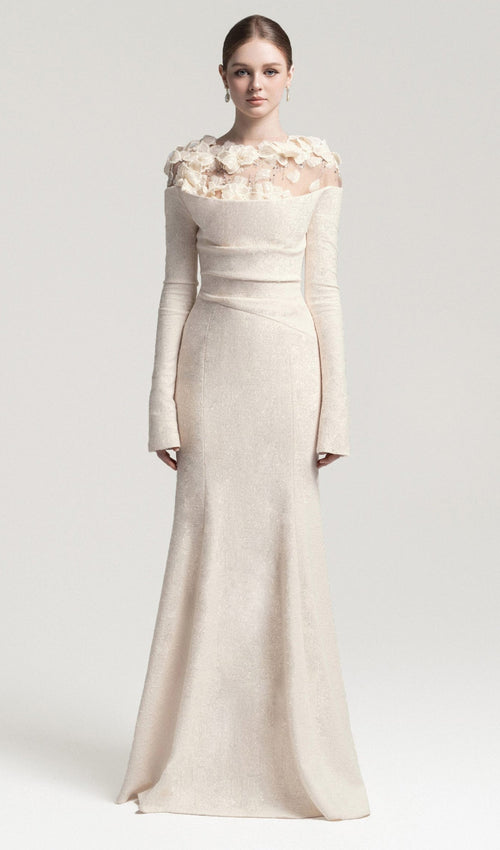Draped Crystal Midi Dress In Cream