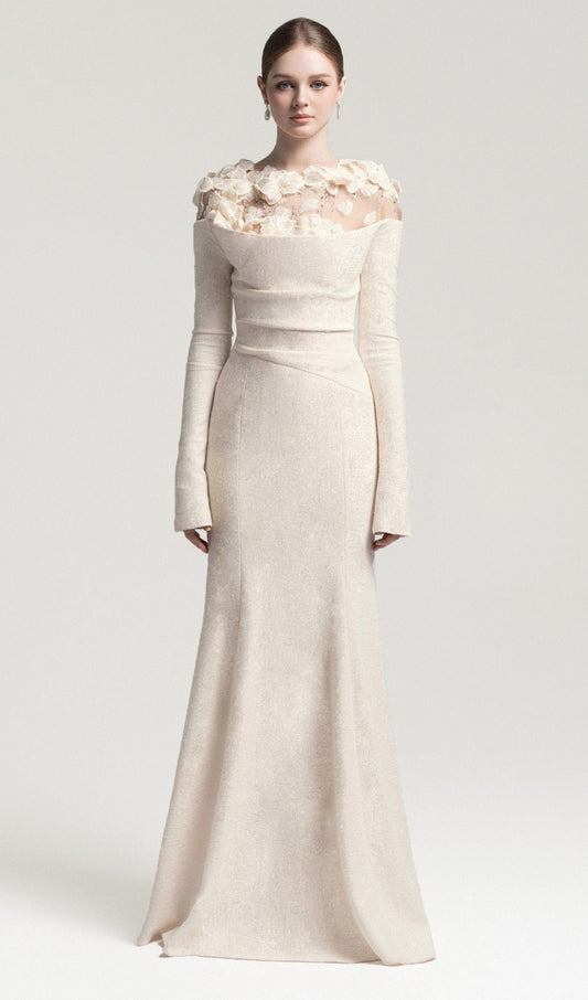 Draped Crystal Midi Dress In Cream