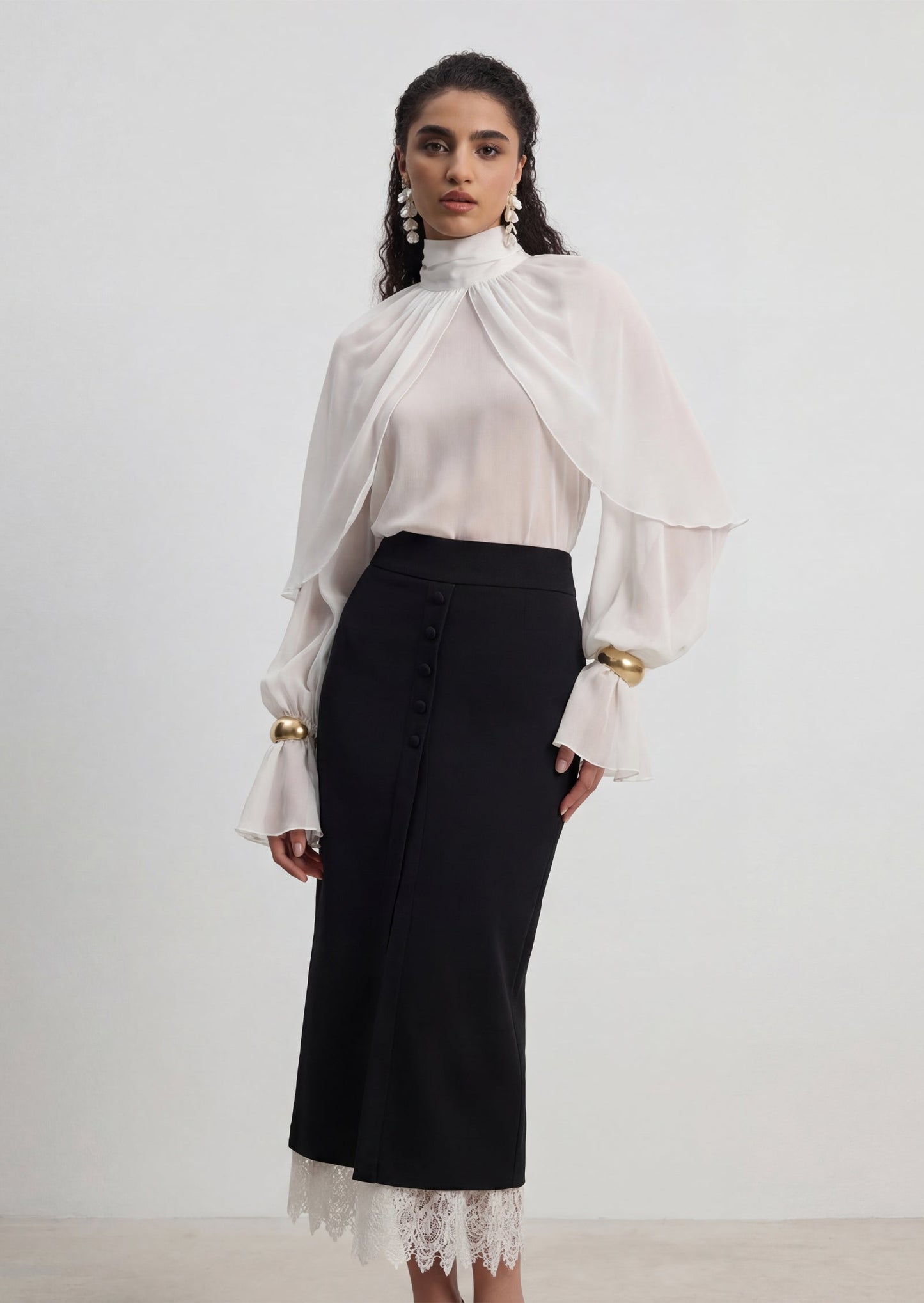 Elise Ruffled Long Sleeve Shirt In White