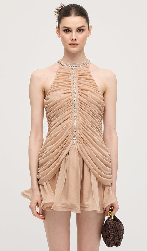 Embellished Ruched Mini Dress In Apricot