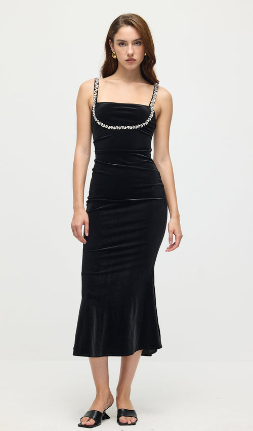 Embellished Sleeveless Velvet Midi Dress In Black