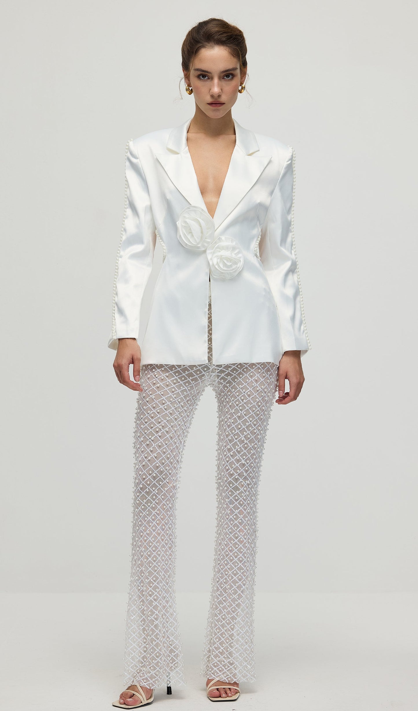 Faux-Pearl Floral Blazer & Trousers Set