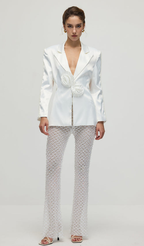 Faux-Pearl Floral Blazer & Trousers Set