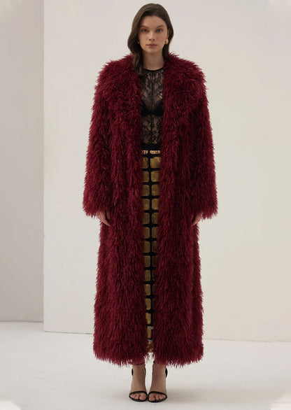 Faux Fur Maxi Jacket In Burgundy
