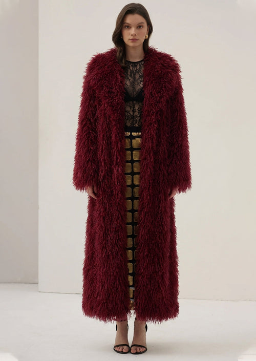 Faux Fur Maxi Jacket In Burgundy