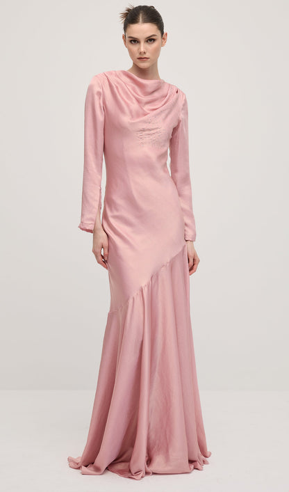 Fitted Satin With Rhinestones Maxi Dress In Pink
