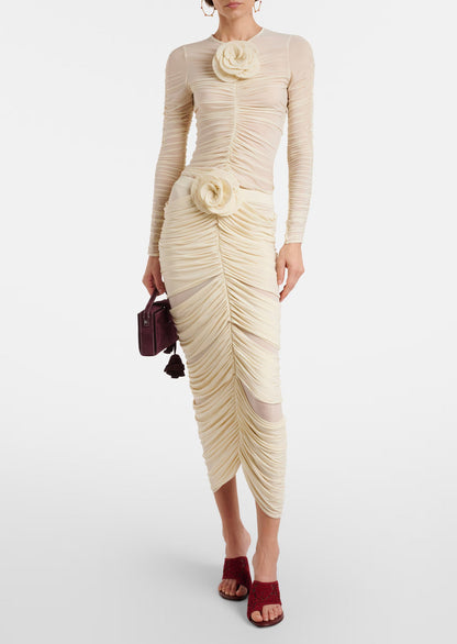 Floral-Applique Ruched Top & Midi Skirt Set
