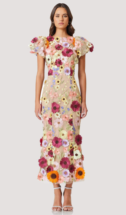Floral 3D Lace Midi Dress In Apricot