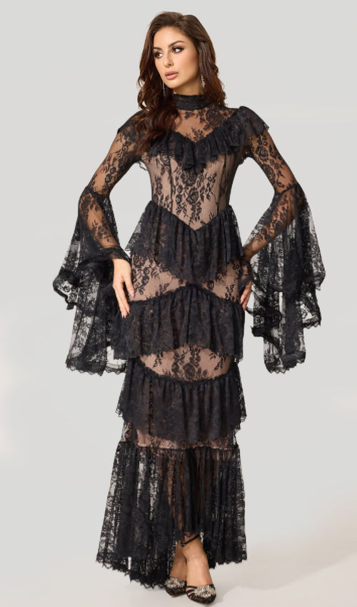 Floral Lace Ruffled Maxi Dress