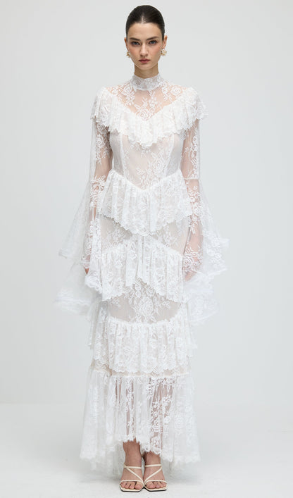 Floral Lace Ruffled Maxi Dress In White