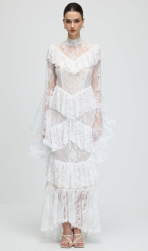 Floral Lace Ruffled Maxi Dress In White