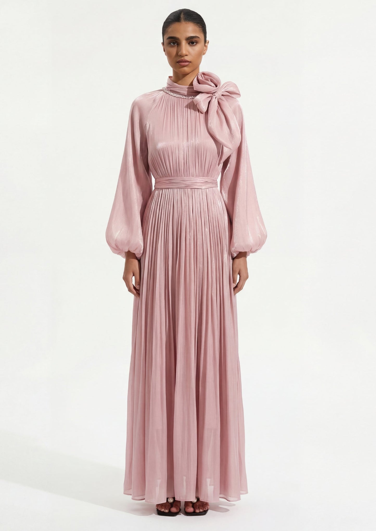 Floral Pleated Glossy Maxi Dress In Pink