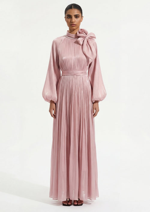 Floral Pleated Glossy Maxi Dress In Pink