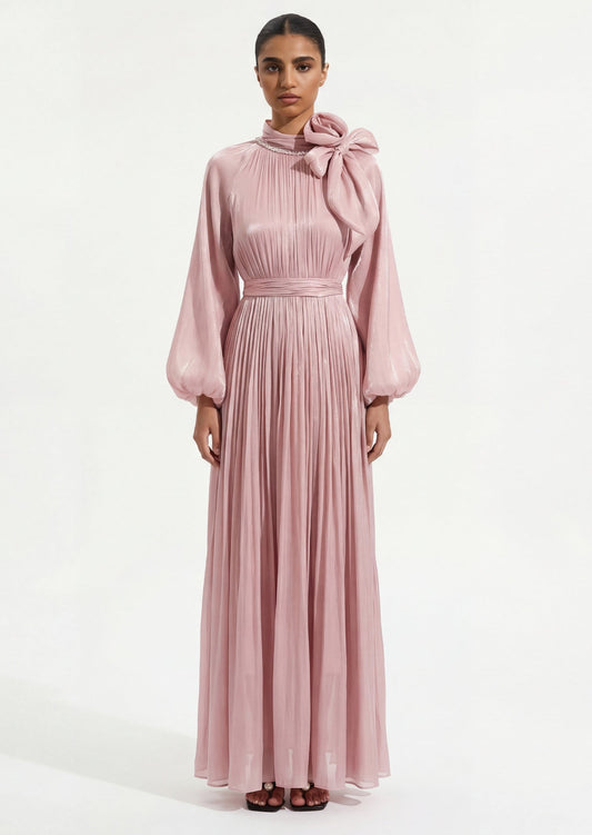 Floral Pleated Glossy Maxi Dress In Pink