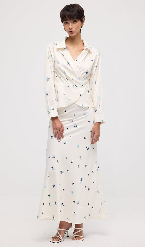 Floral Print Satin Maxi Skirt Two Piece Set