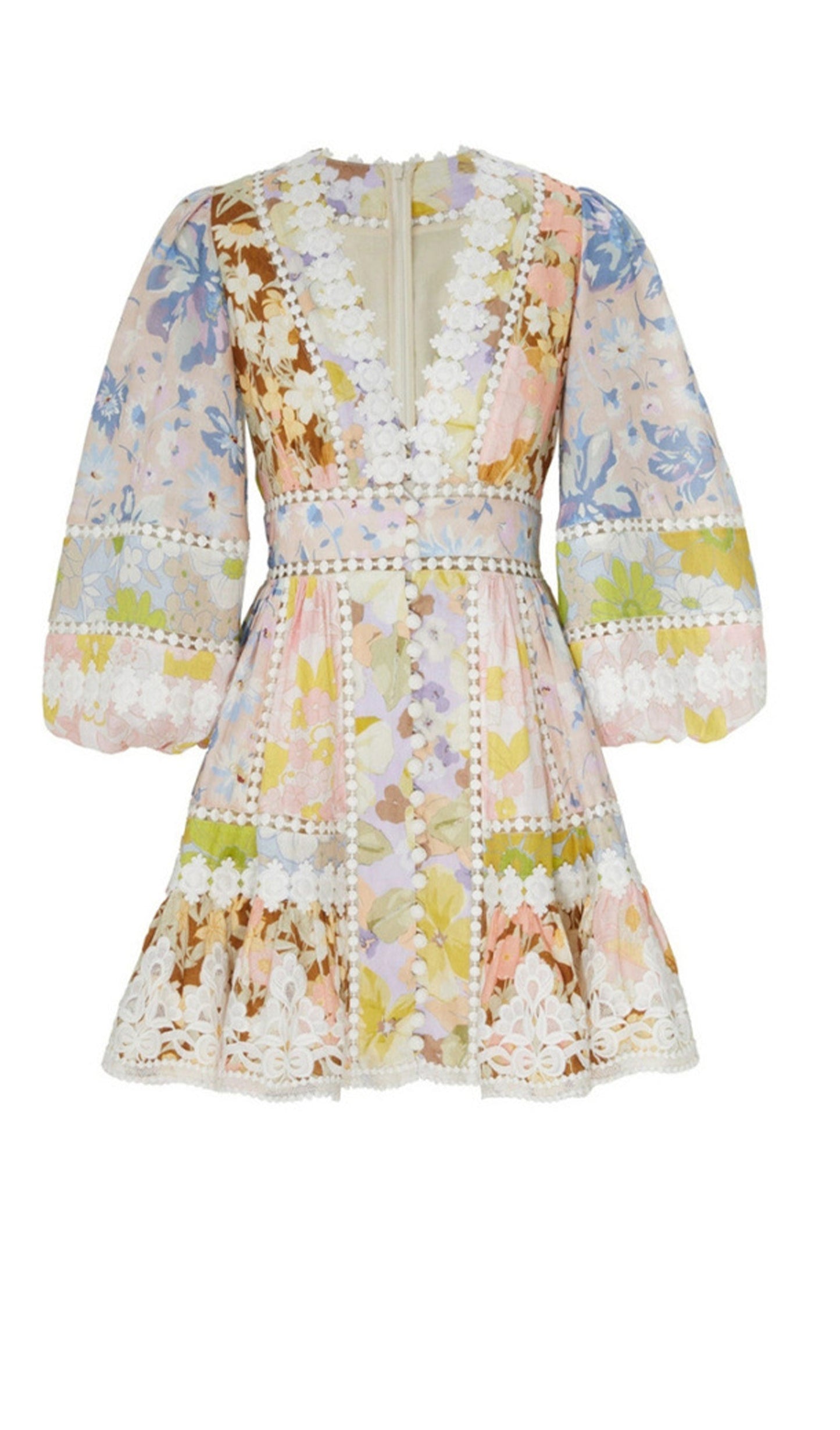 Floral V Neck Puff Sleeve Mini Dress