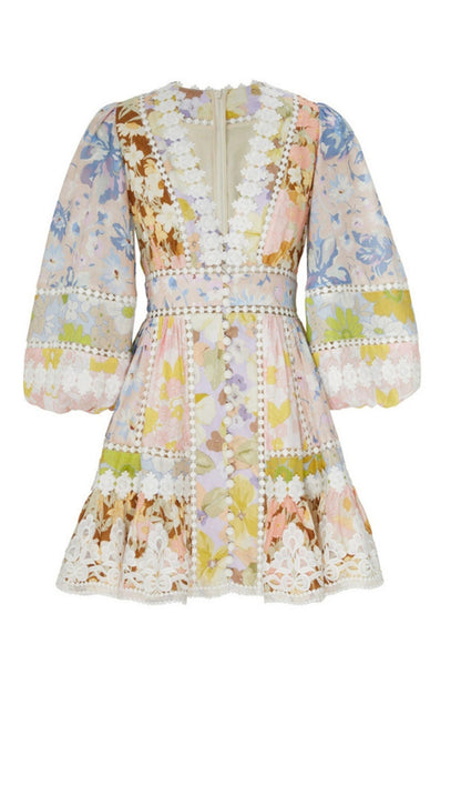 Floral V Neck Puff Sleeve Mini Dress