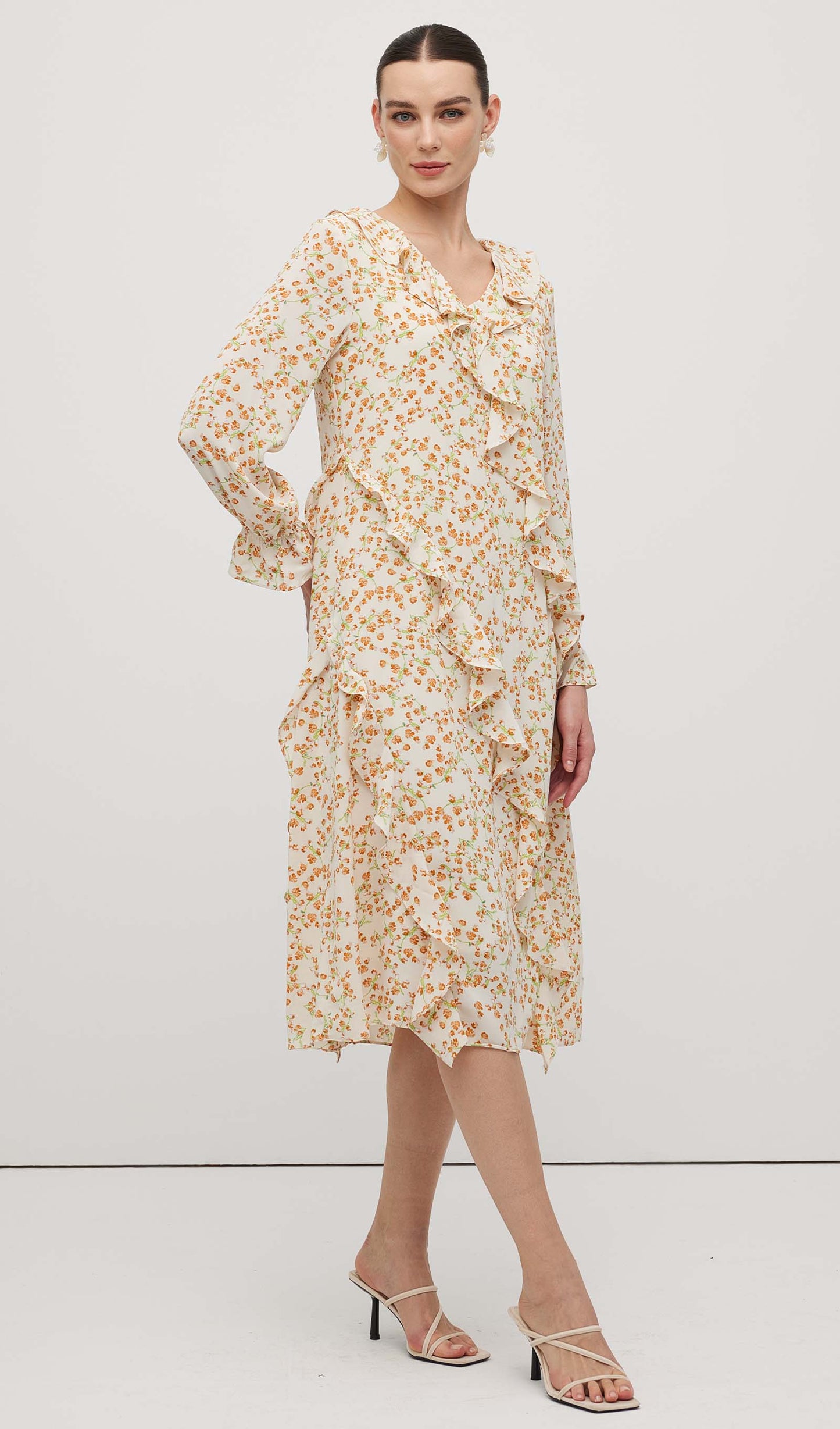 Floral V Neck Ruffled Midi Dress
