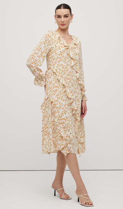 Floral V Neck Ruffled Midi Dress