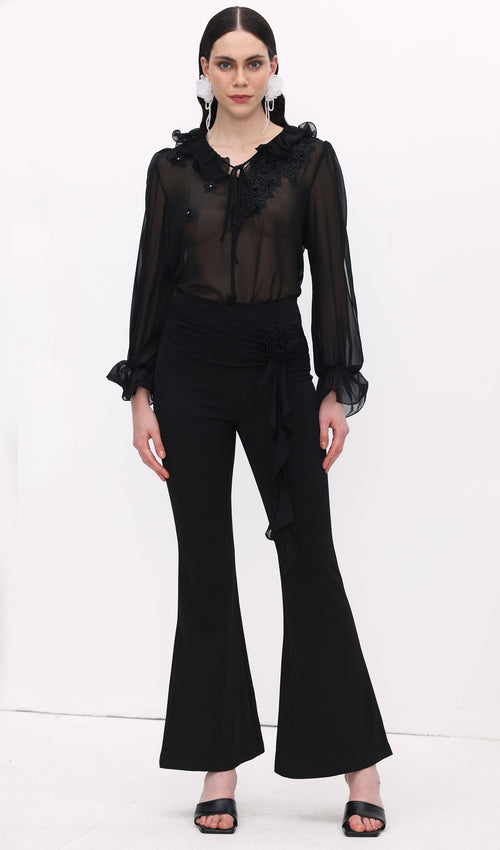 Florwer Detail High Waist Flared Trousers