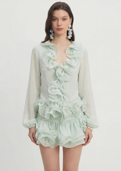 Flounced Chiffon Blouse & Skirt Two Piece Set