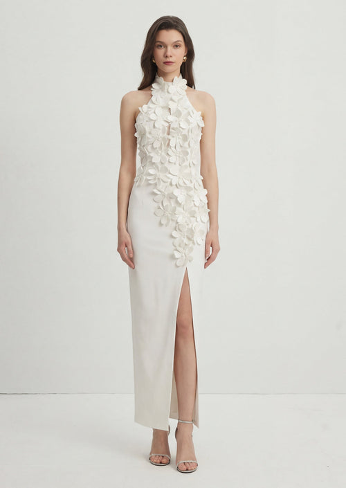 Flower Appliqued Halter Slit Maxi Dress