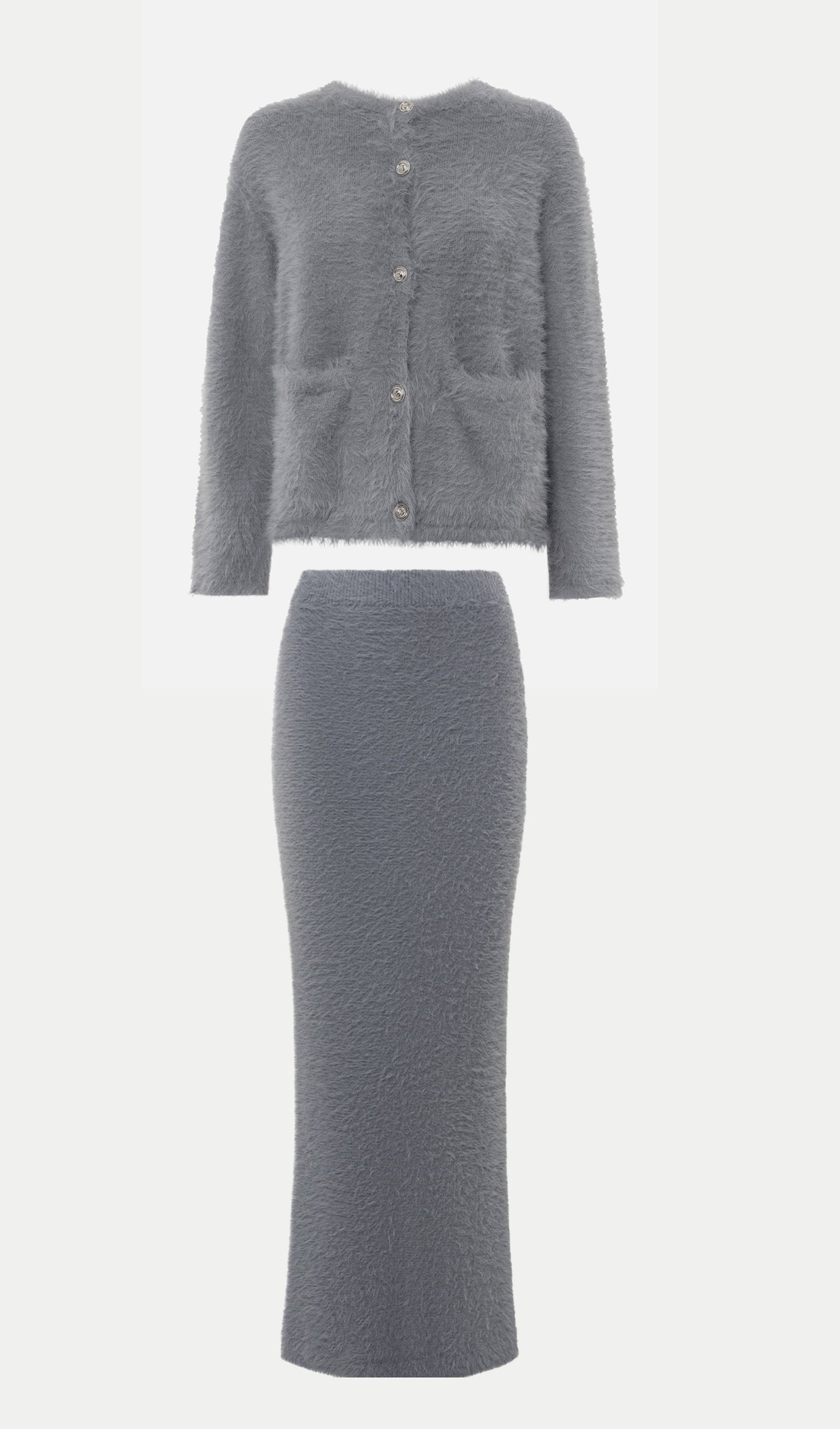 Fluffy Knitted Cardigan & Maxi Skirt Set In Grey