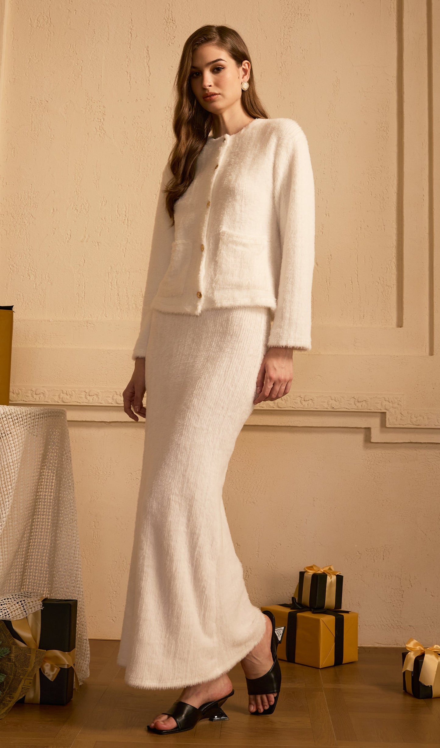 Fluffy Knitted Cardigan & Maxi Skirt Set White